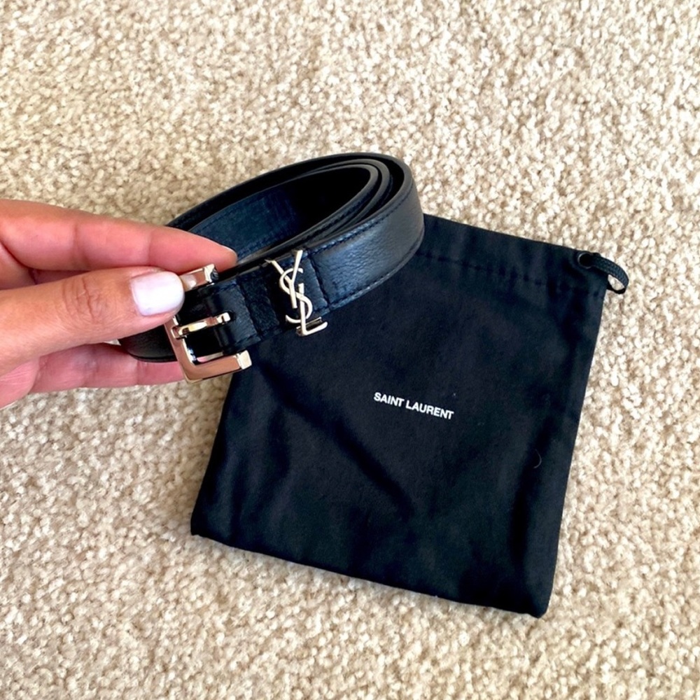 YSL Saint Laurent Thin Belt Square Buckle Smooth Leather Black Silver 75 X-small - Picture 6 of 7